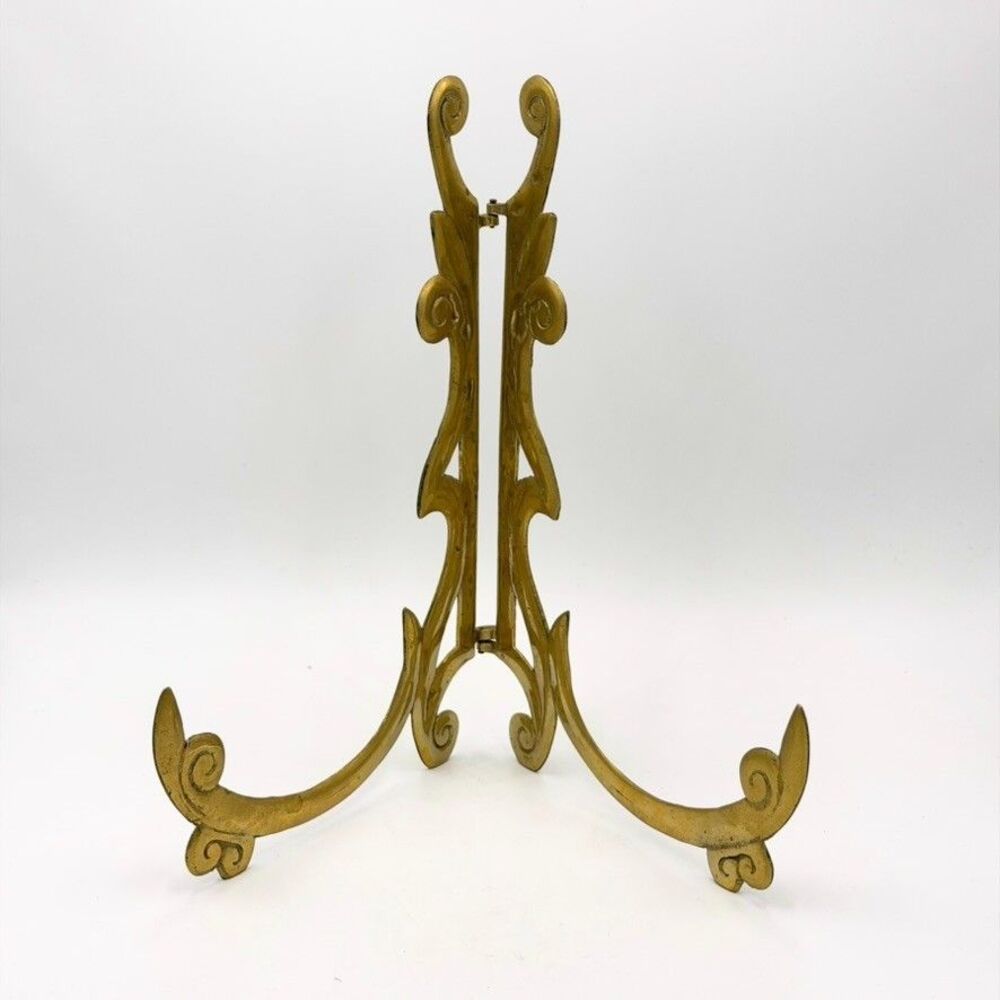 Vintage Brass Display Easel Plate Stand Ornate Scrollwork Folding 9" x 6"